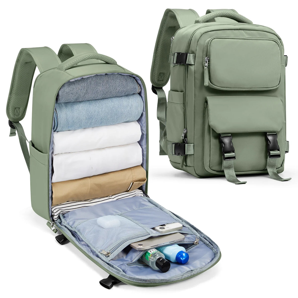 Sac à dos 45x36x20 vert sauge avec plusieurs compartiments pour un rangement organisé