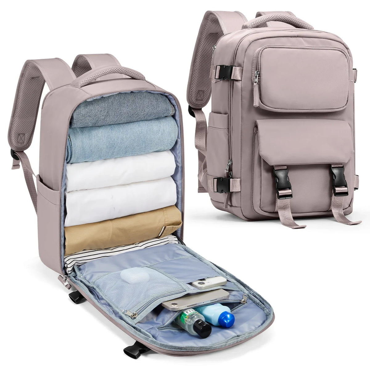 Sac à dos de voyage 45x36x20 violet clair avec compartiments ouverts et organiser