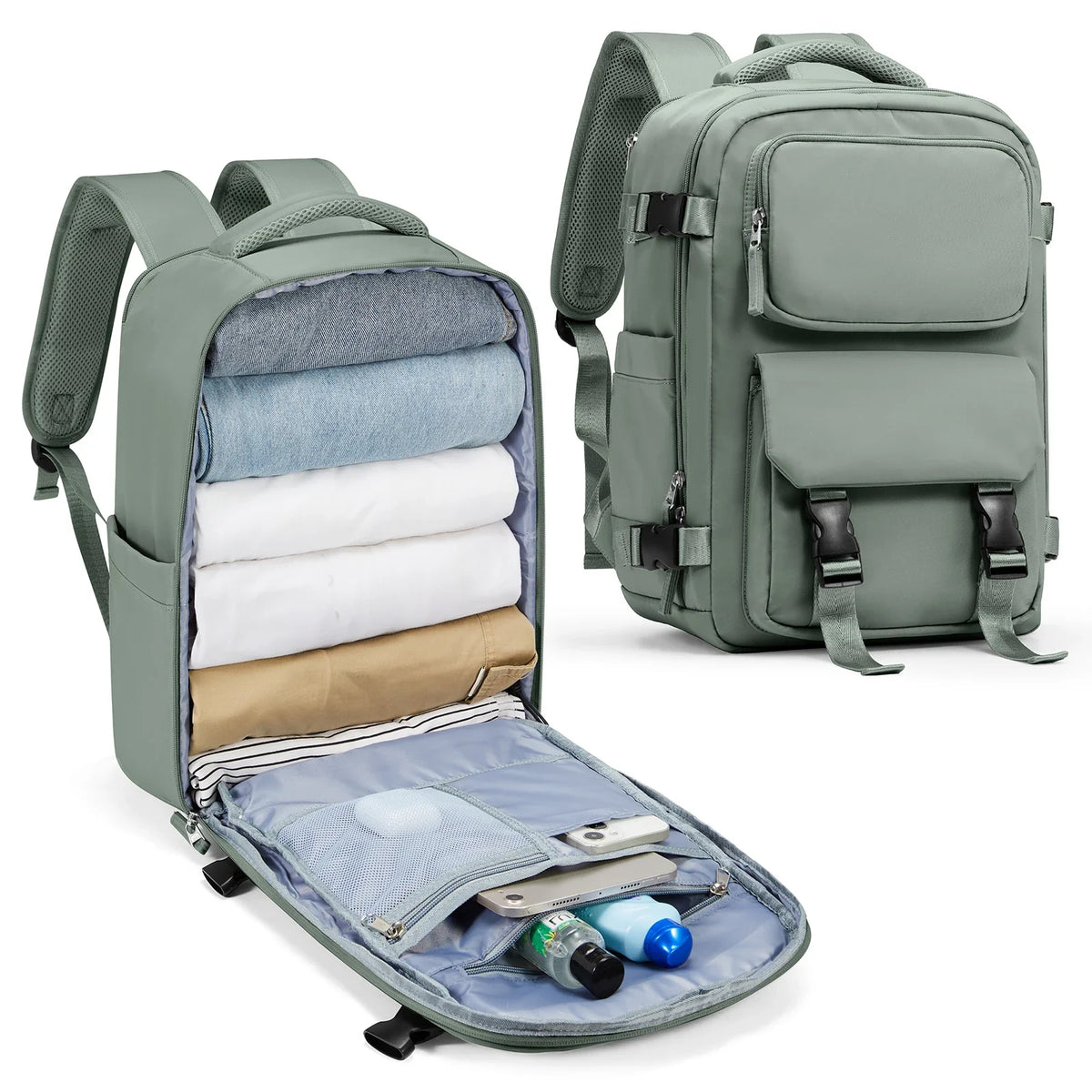 Sac à dos 45x36x20 vert sauge polyvalent avec compartiments pour organisation optimale