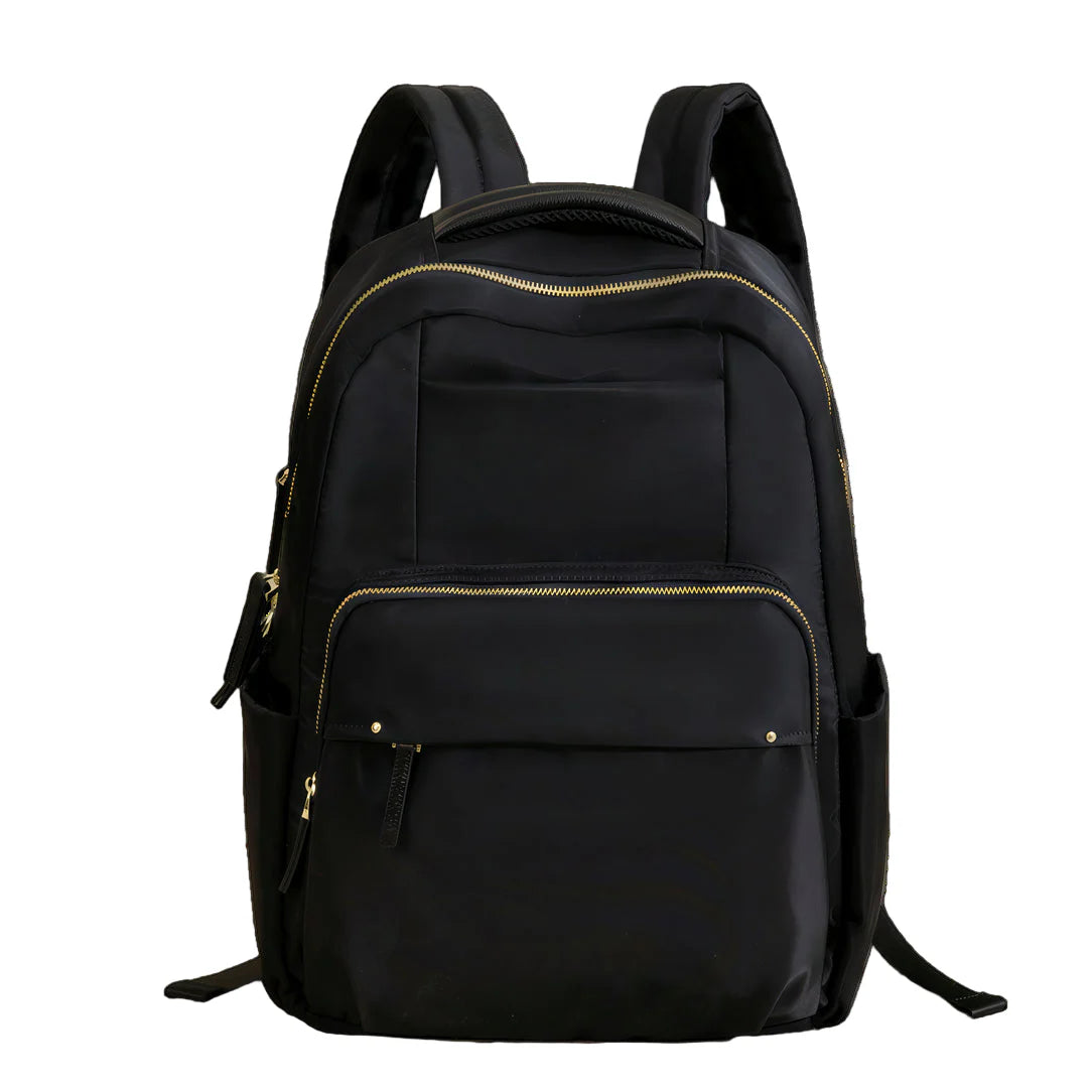 Sac à dos Amber en nylon noir avec zippers et bretelles dorés
