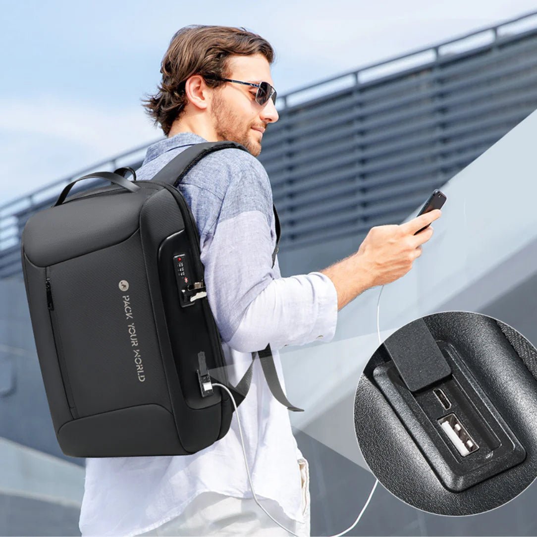 Sac à dos antivol noir avec port de charge USB externe et serrure à combinaison