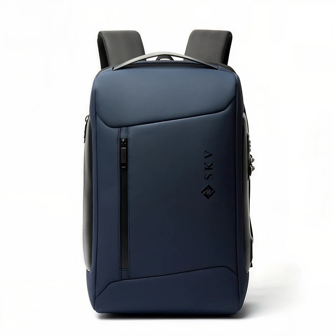 Sac à dos antivol SKV SafeGuard bleu foncé avec design minimaliste et poches zippées