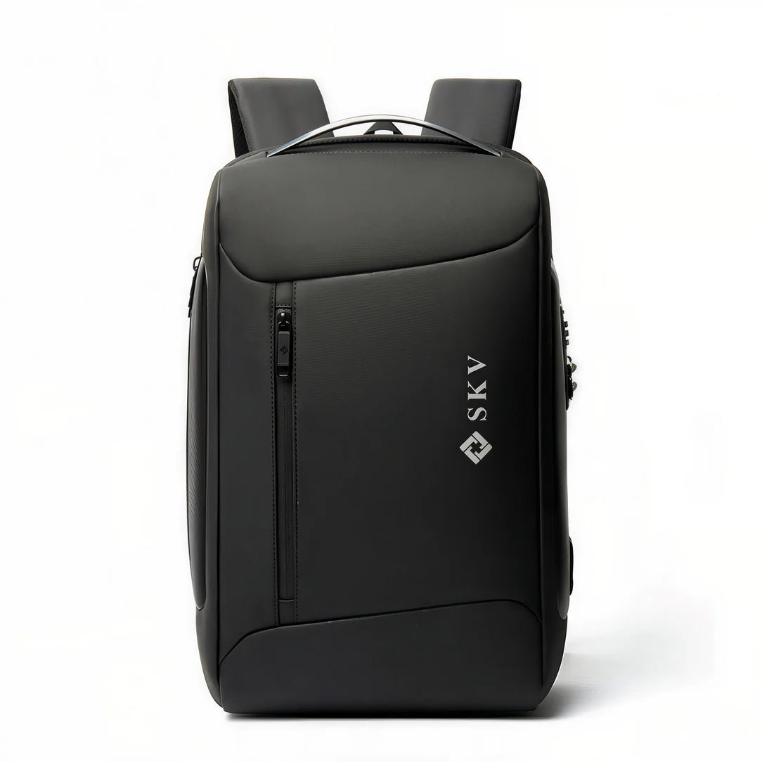 Sac à dos antivol SKV SafeGuard noir avec poche zippée frontale et poignée supérieure