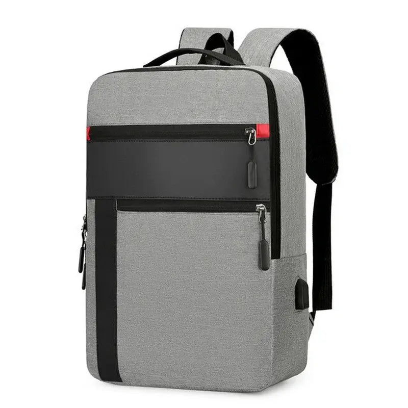 Sac à dos avec poche ordinateur gris et accents noirs, multiples compartiments zippés