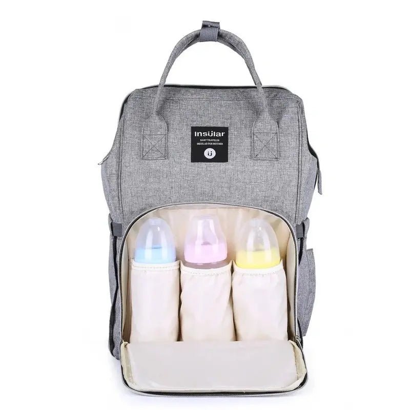 Sac à dos bébé à langer gris avec poche isolante pour biberons de bébé