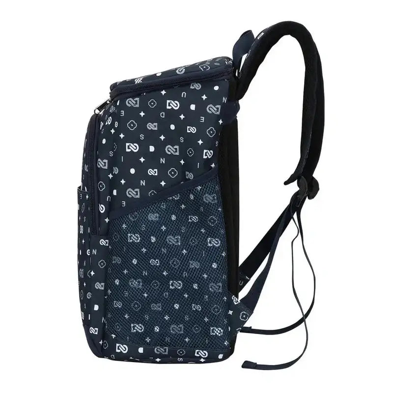 Sac à dos isotherme repas bleu foncé avec motif blanc et poche en mesh côté