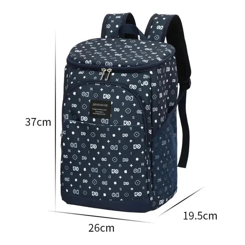Sac à dos isotherme repas en bleu foncé avec motif géométrique blanc, dimensions 37x26x19.5cm