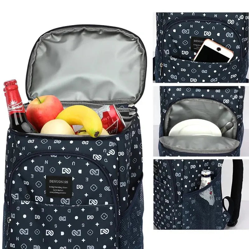 Sac à dos isotherme repas bleu foncé avec plusieurs compartiments pour nourriture et boissons
