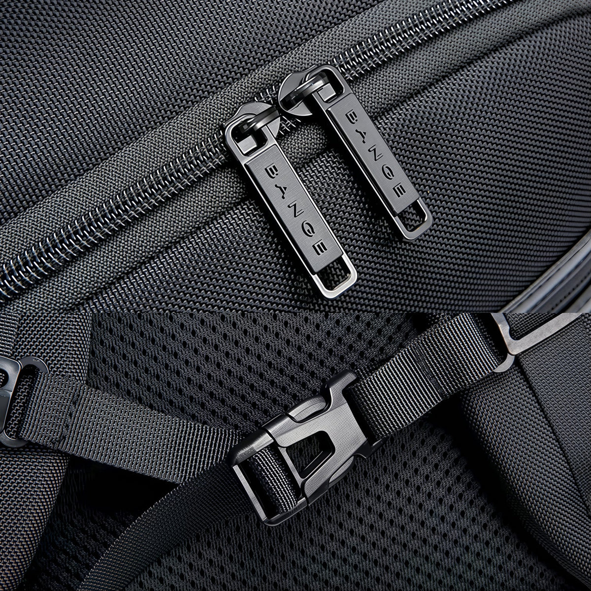 Tirettes de zippers noirs brossés métalliques sur sac à dos Xpac