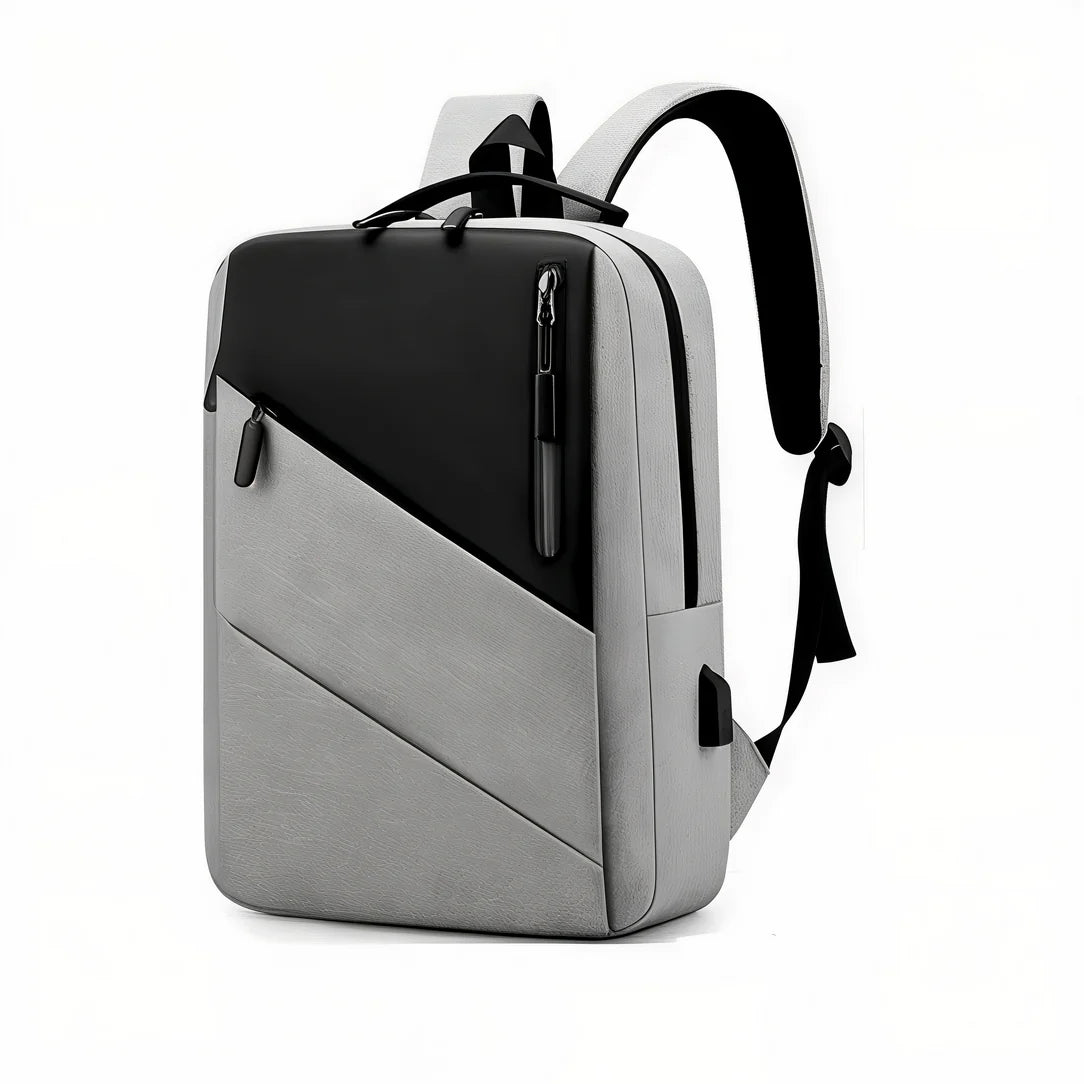 Sac à dos bureau ordinateur gris et noir avec poches zippées et port de charge USB