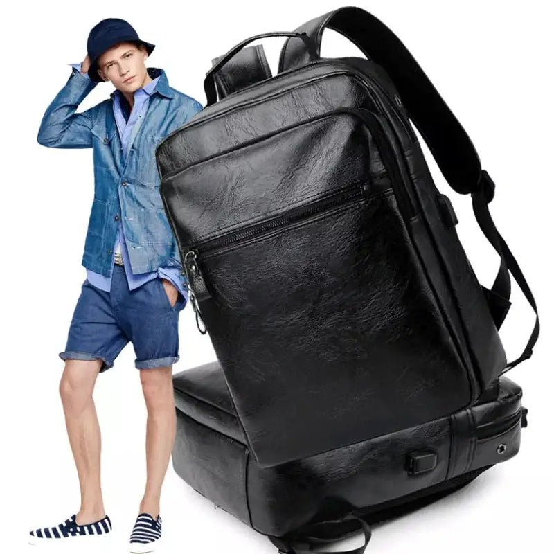 Sac à dos business homme cuir en faux cuir noir avec plusieurs compartiments