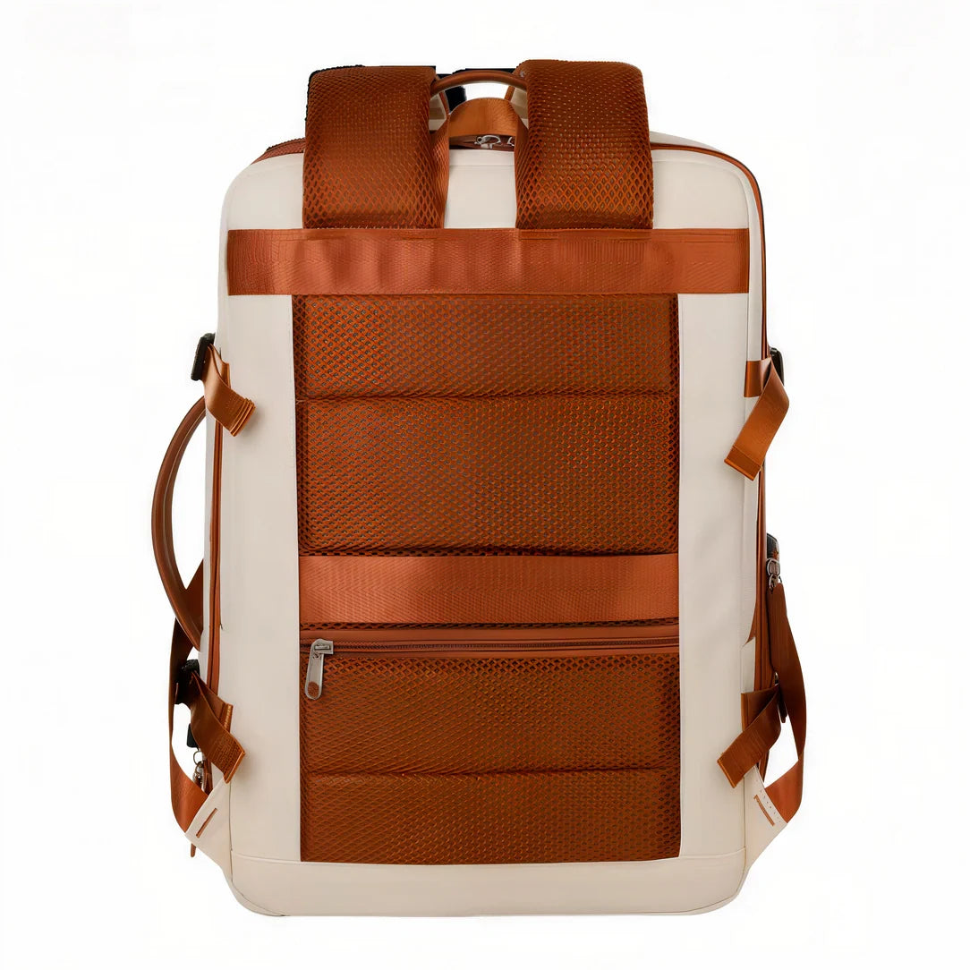 Sac à dos cabine Skyliner crème et marron avec poches en maille et accents cuir