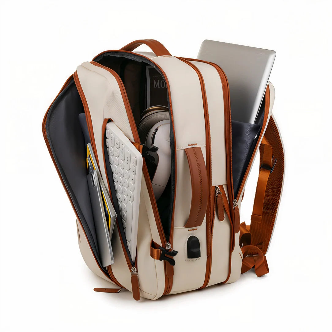 Sac à dos cabine Skyliner en cuir crème et marron avec multiples compartiments
