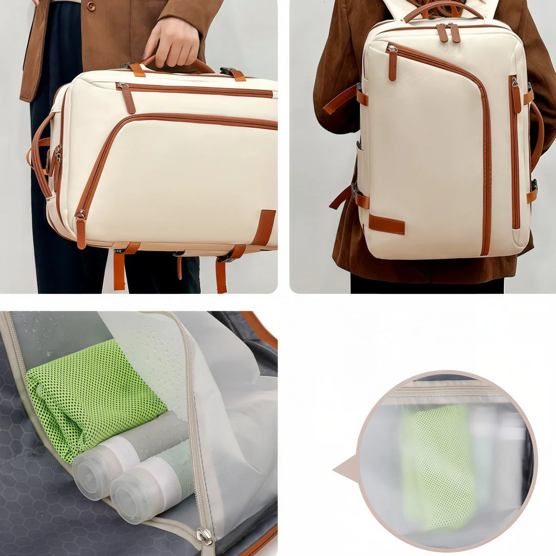 Sac à dos cabine Skyliner crème avec accents cuir marron et poches mesh