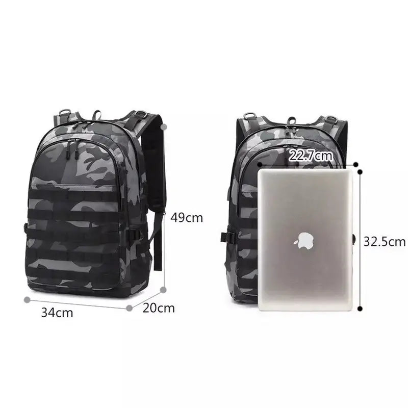 Sac à dos camouflage noir et gris avec multiples sangles et dimensions affichées