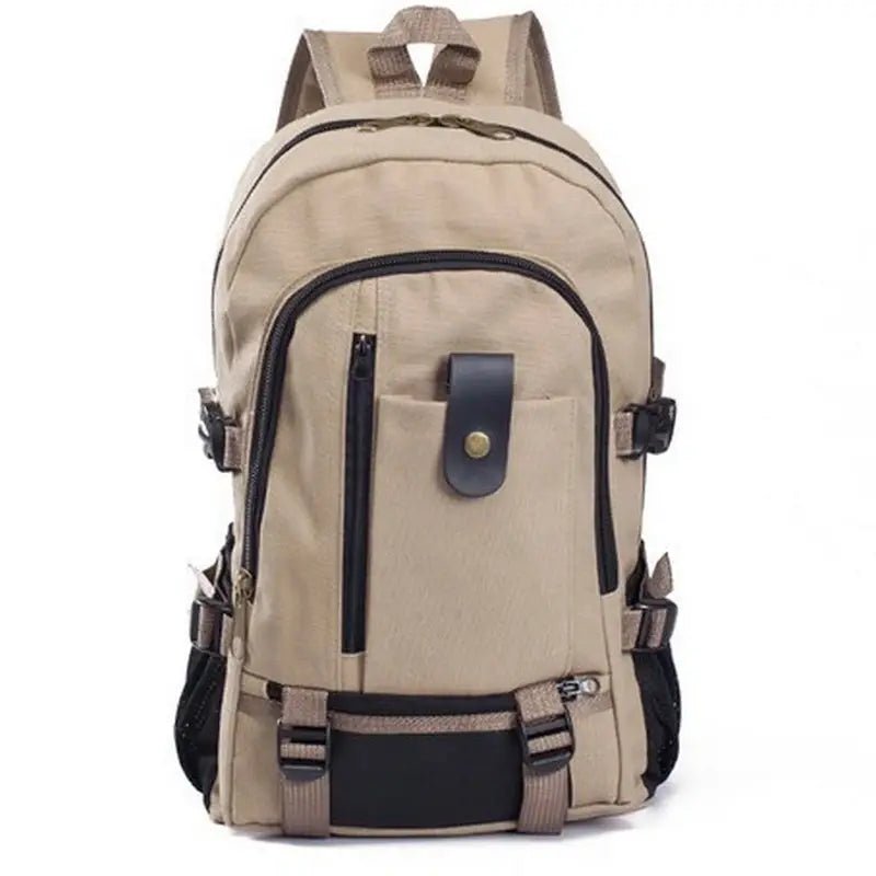 Sac à dos cartable homme en toile kaki avec accents noirs et multiples poches