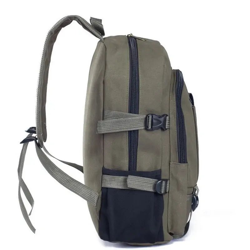 Sac à dos homme en toile olive verte avec plusieurs compartiments zippés et sangles ajustables