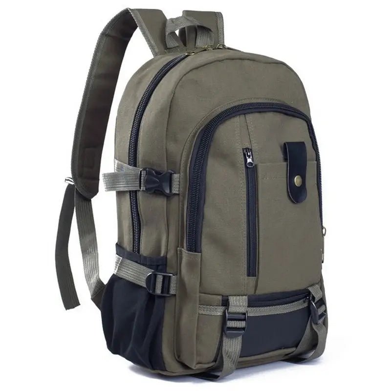 Sac à dos homme en toile olive vert et noir avec plusieurs compartiments et bretelles réglables