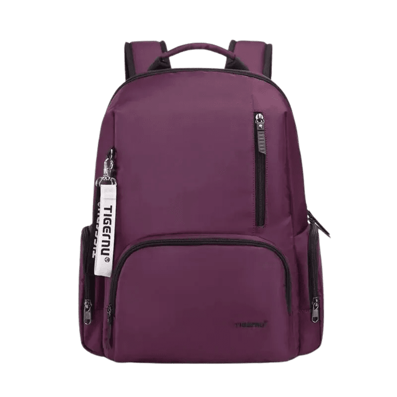 Sac à dos chic violet prune avec plusieurs compartiments zippés pour ordinateur portable