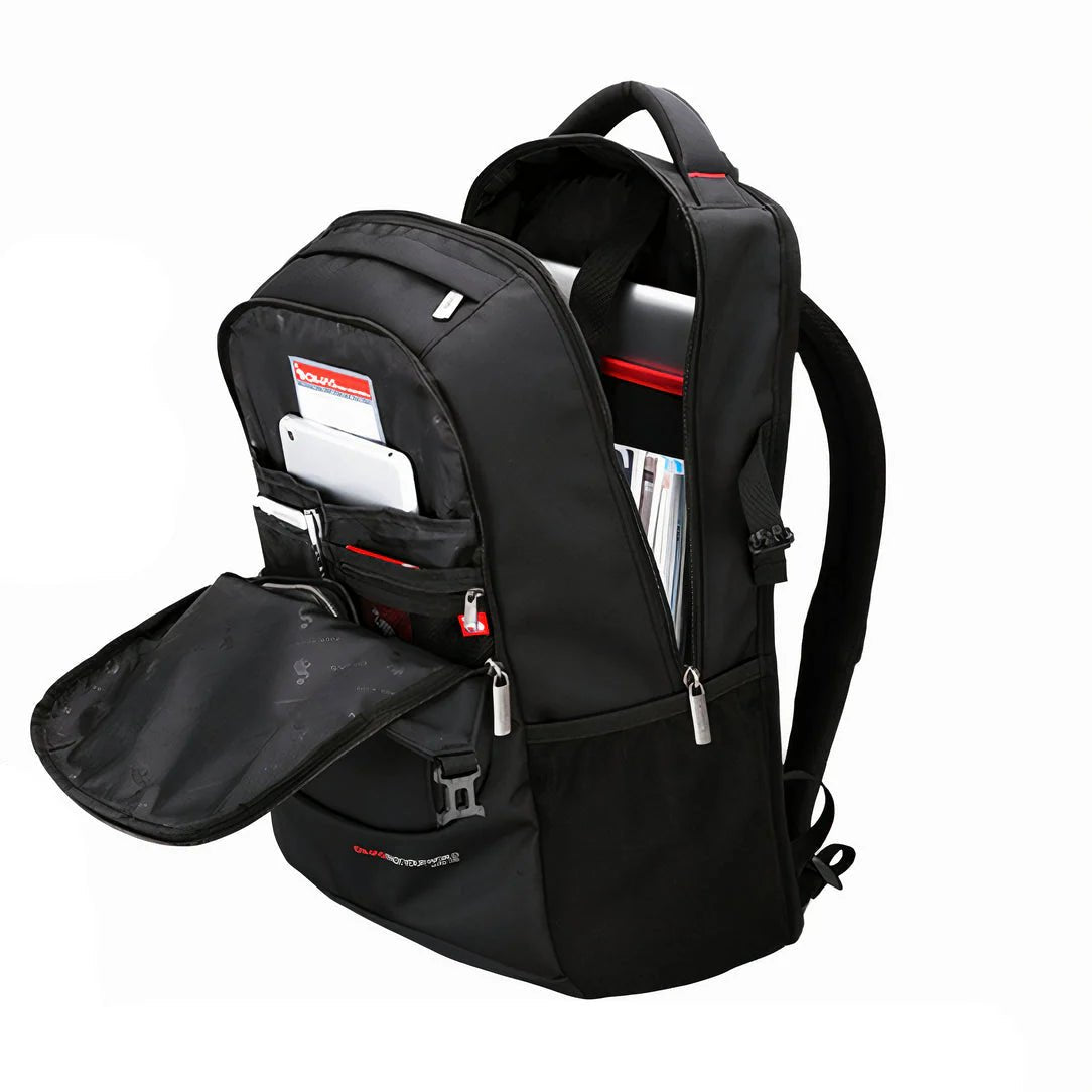 Sac à dos collège ergonomique noir avec poches ouvertes et sections zippées PackWorld