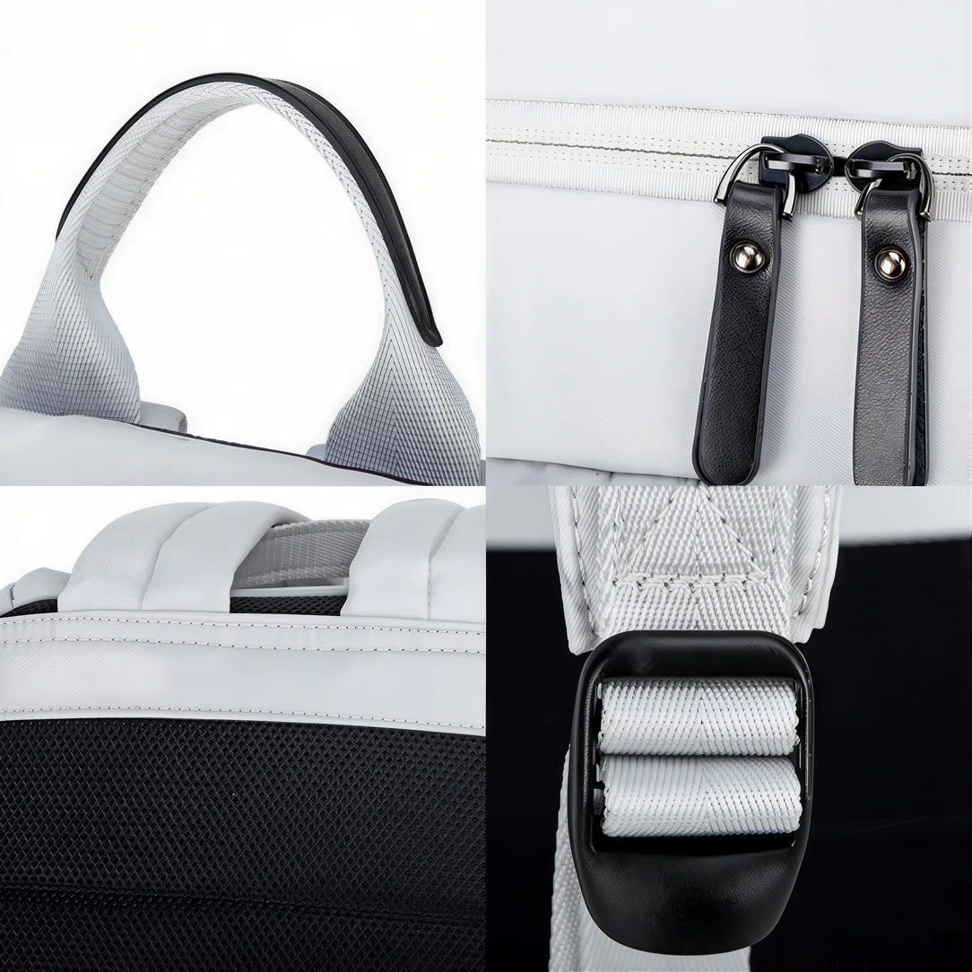 Sac à dos collège MoovePack blanc et noir avec poignée, zippers en cuir, dos rembourré