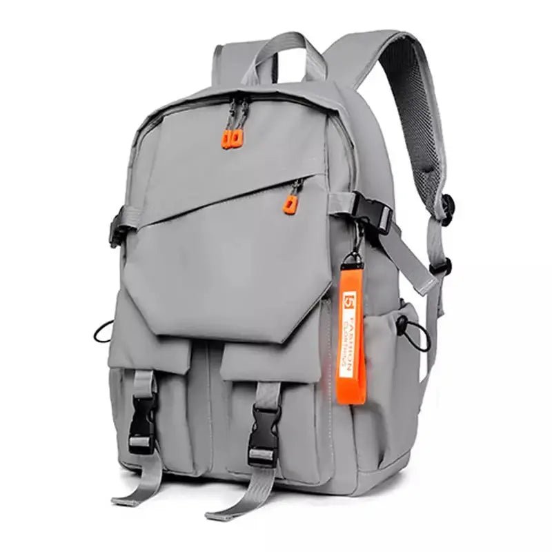 Sac à dos collège multipoches gris avec tirettes et boucles orange