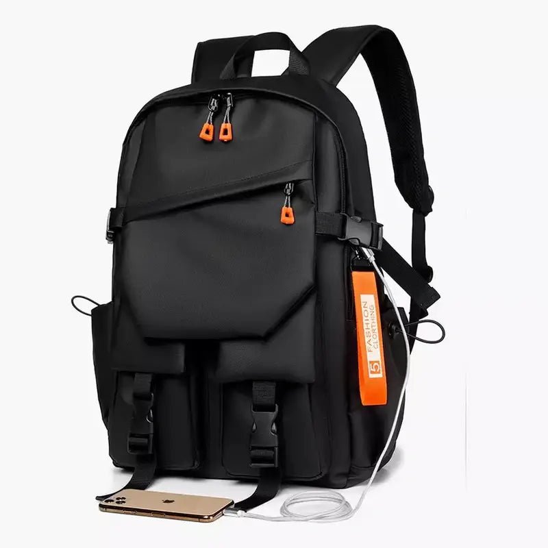 Sac à dos collège multipoches noir avec compartiments, bretelles ajustables et port USB