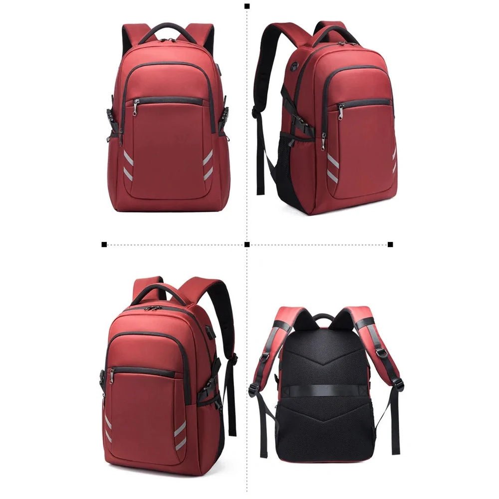 Quatre vues du Sac à dos collégien Campus One rouge et noir avec compartiments et bandes réfléchissantes
