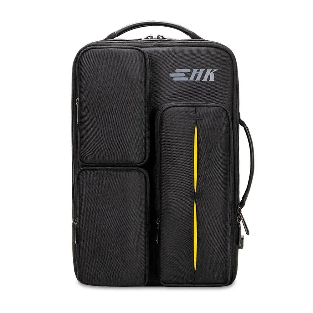Sac à dos convertible pour ordinateur noir avec plusieurs compartiments et accents jaunes