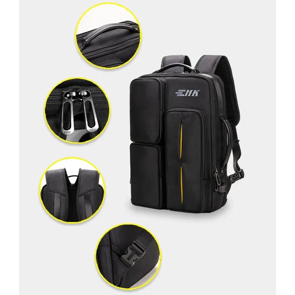 Sac à dos convertible pour ordinateur noir avec accents jaunes, multiples compartiments et zippers robustes