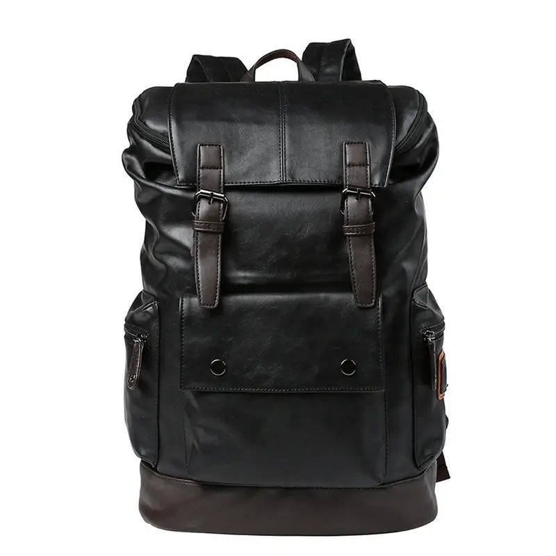 Sac à dos en cuir noir homme décontracté avec boucles et multiples poches