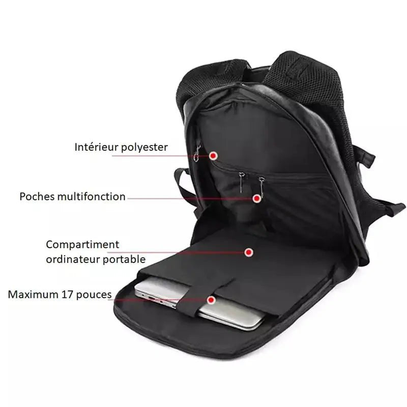 Sac à dos cuir homme luxe en polyester noir avec compartiments pour ordinateur 17 pouces