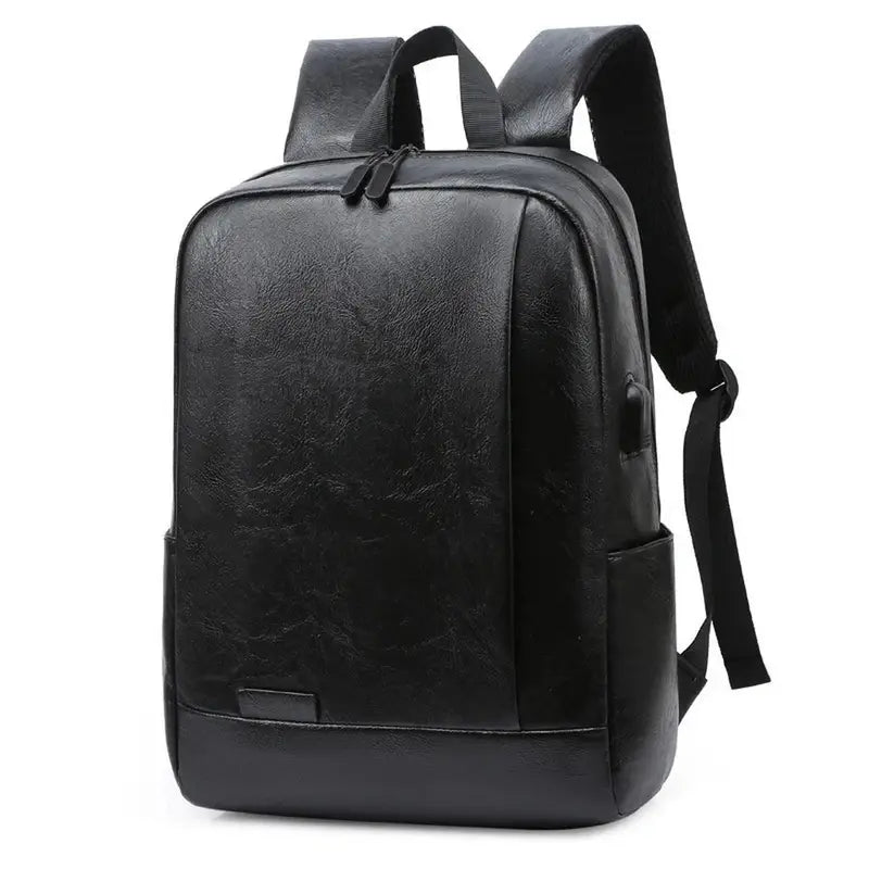 Sac à dos cuir homme ordinateur noir avec poches latérales et poignée en faux cuir