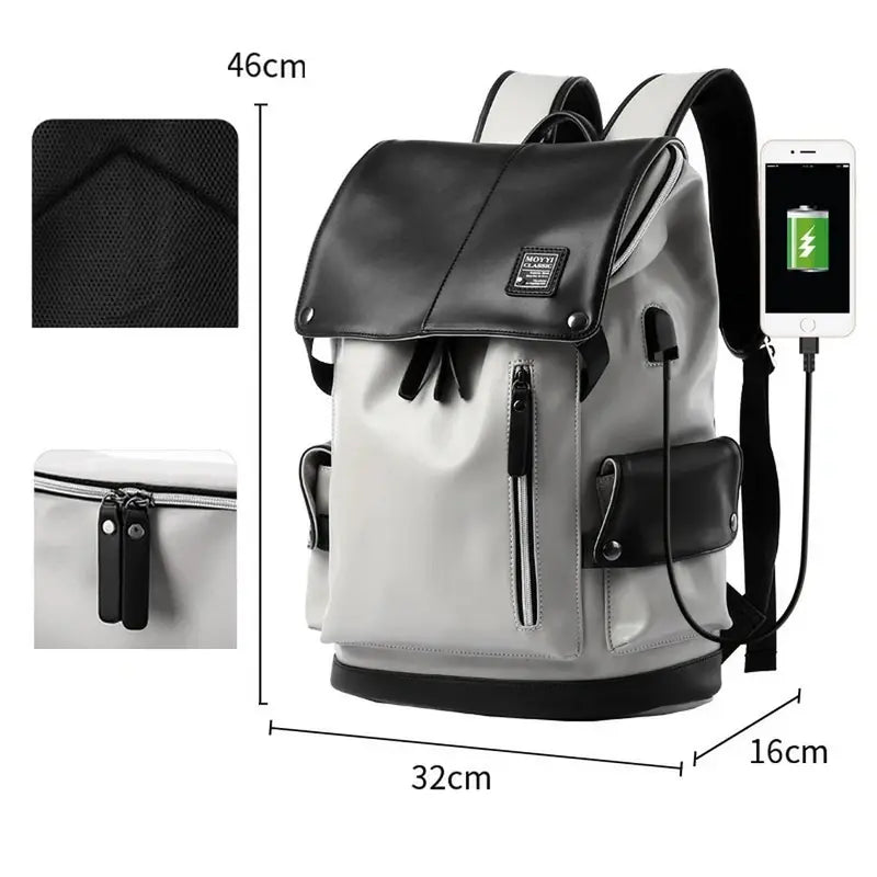 Sac à dos cuir homme vintage gris et noir avec poches et port de chargement USB