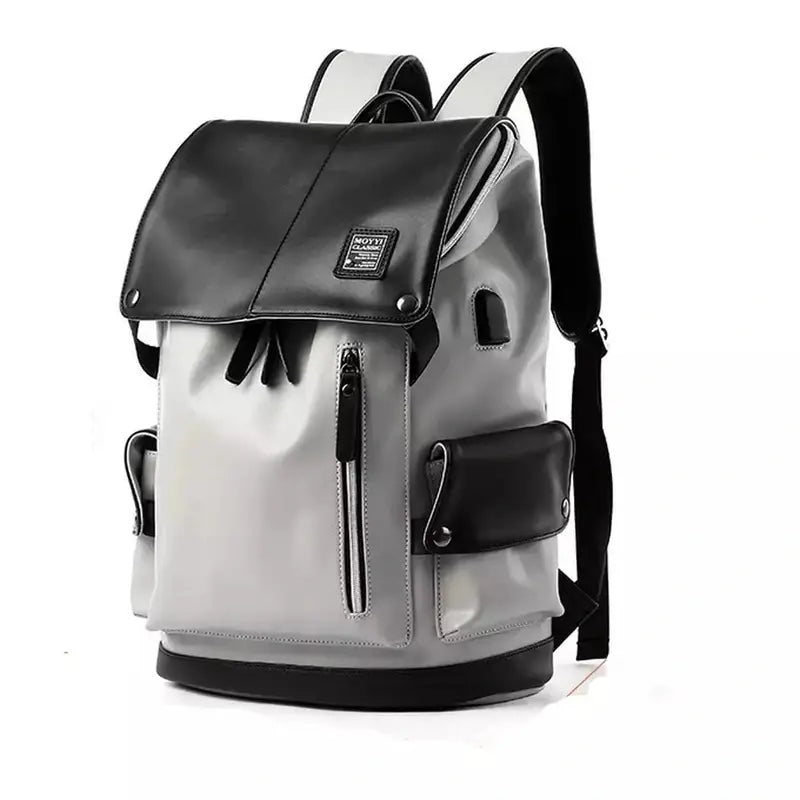 Sac à dos cuir homme vintage en faux cuir noir et gris avec poches extérieures