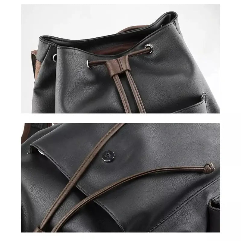 Sac à dos cuir homme vintage en faux cuir noir avec cordon et fermeture magnétique