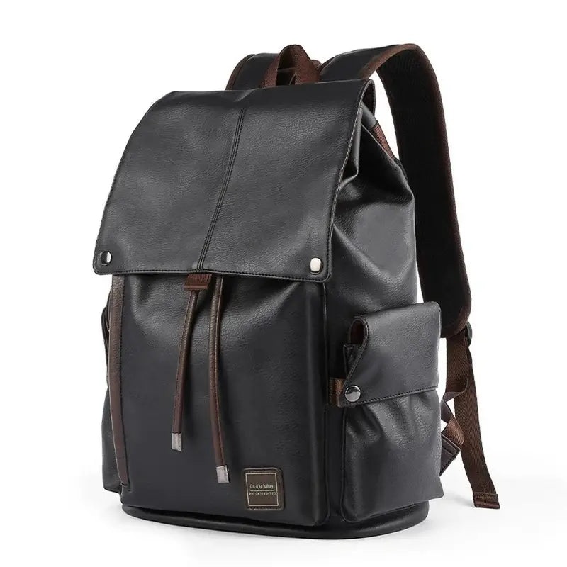 Sac à dos cuir homme vintage en faux cuir noir avec cordon et poche latérale