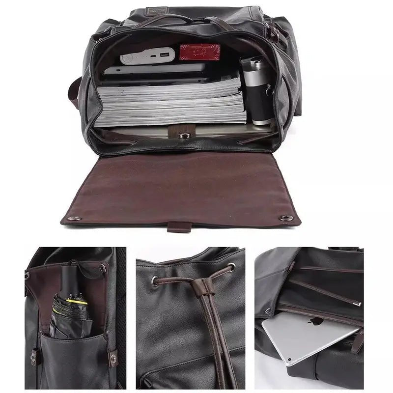 Sac à dos cuir homme vintage en faux cuir noir avec plusieurs compartiments et cordon de serrage