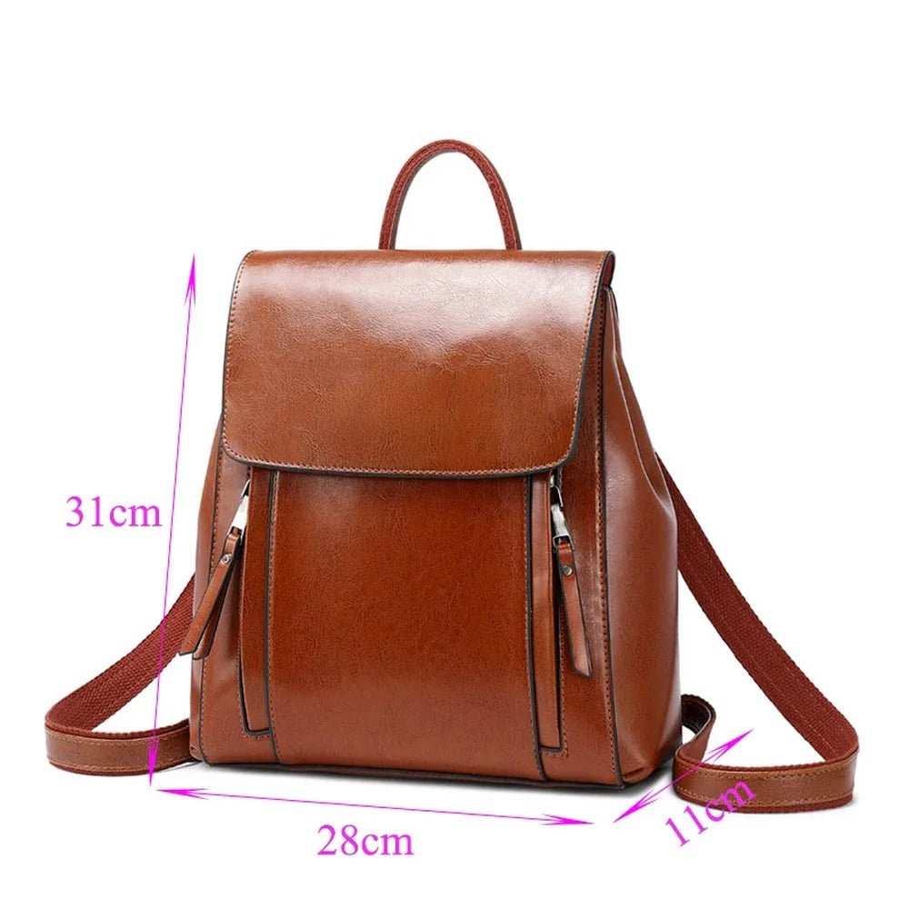 Sac à dos cuir marron avec poignée, bretelles ajustables, fermeture à rabat et poches zippées verticales