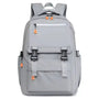 Sac à dos de cours gris avec boucles noires et tirettes orange
