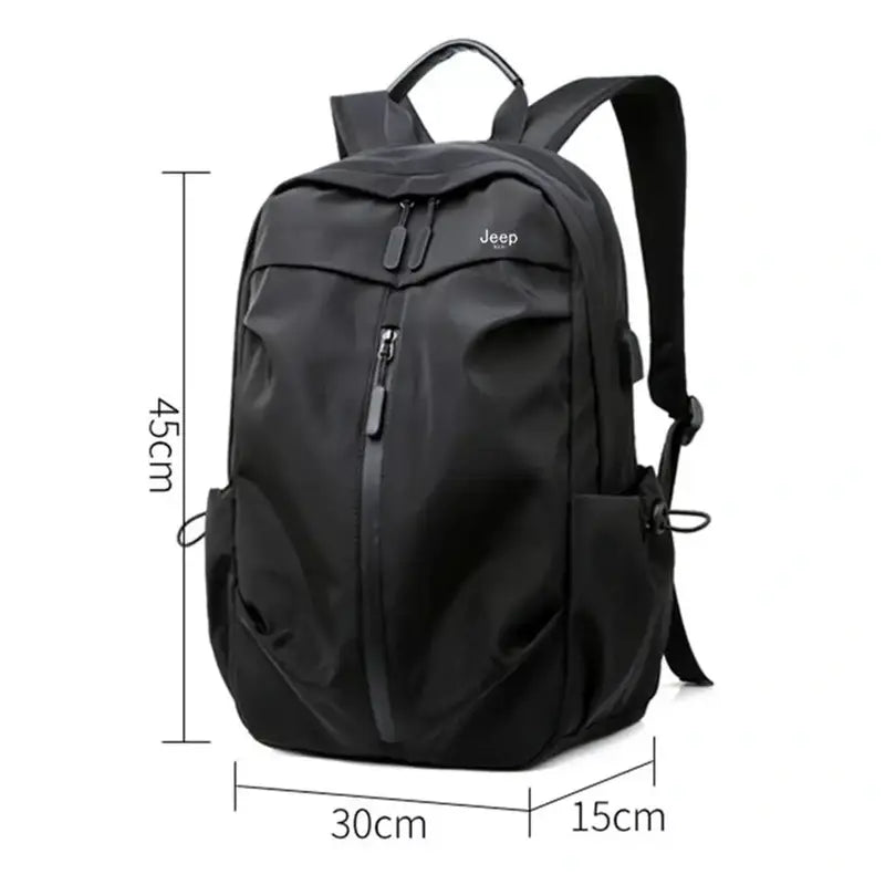 Sac à dos de cours moderne noir avec multiples compartiments zippés et poches latérales