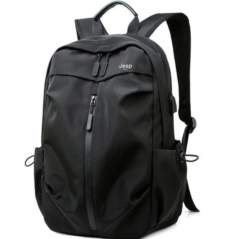 Sac à dos de cours moderne en nylon noir avec plusieurs compartiments zippés et poches latérales
