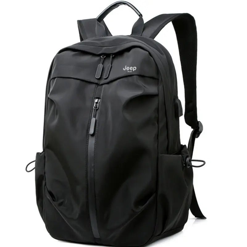 Sac à dos de cours moderne en nylon noir avec plusieurs compartiments zippés et poches latérales
