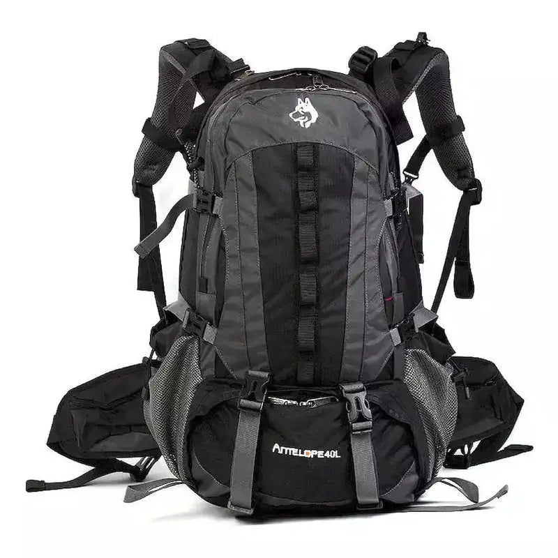 Sac à dos de randonnée 40L noir et gris avec plusieurs sangles et compartiments