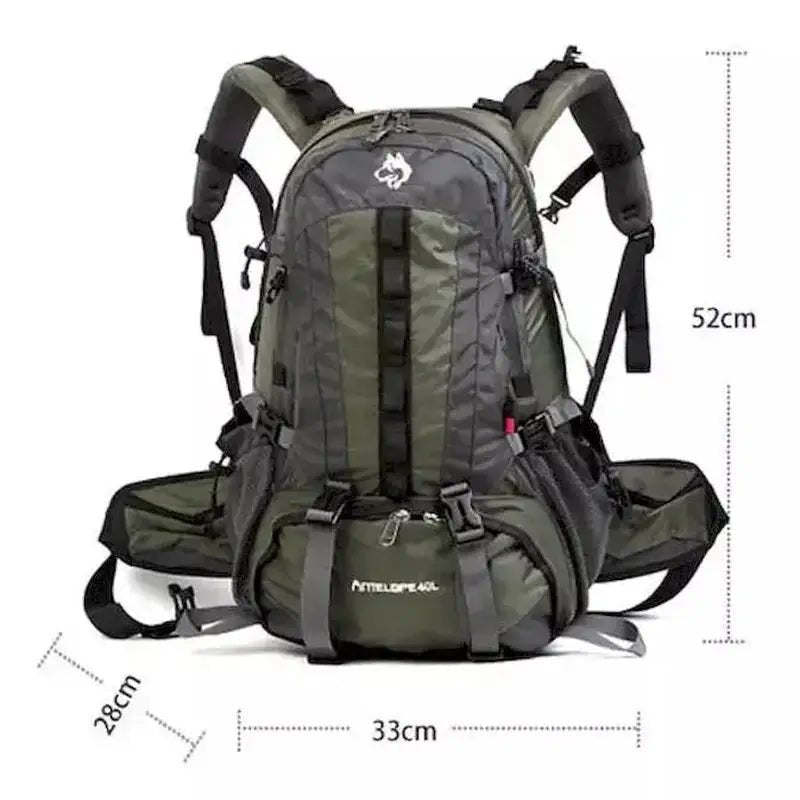 Sac à dos de randonnée 40L vert olive avec bretelles réglables et multiples compartiments