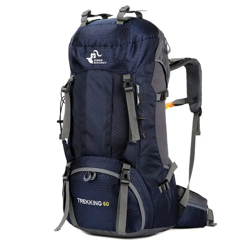 Sac à dos de randonnée 60L Trekking en bleu foncé et gris avec multiples poches et sangles