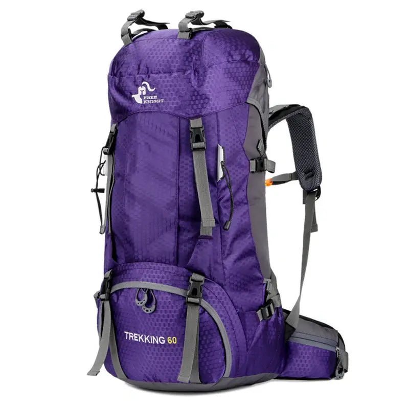 Sac à dos de randonnée 60L Trekking violet avec bretelles grises pour aventure en plein air