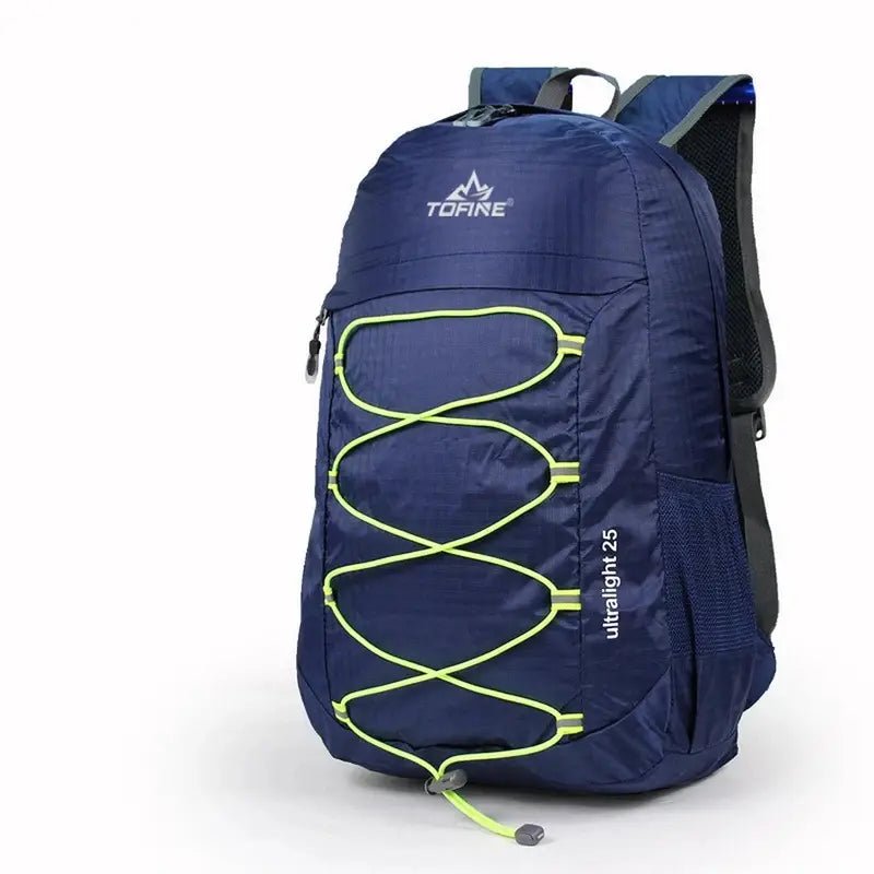 Sac à dos de randonnée ultra-léger 25L navy bleu avec système de cordons jaunes