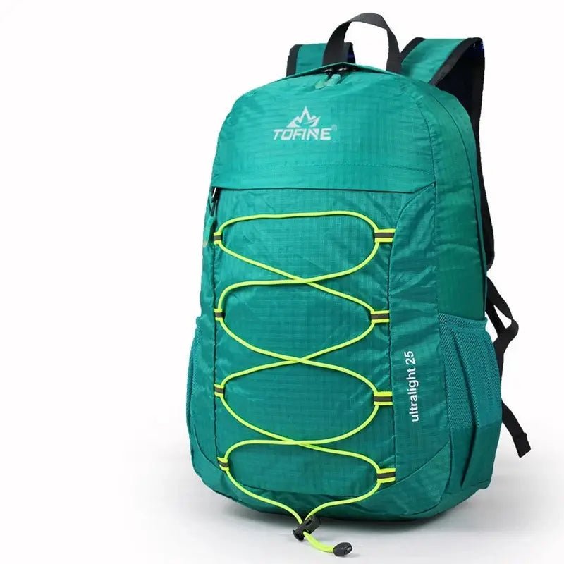 Sac à dos de randonnée ultra-léger 25L en vert teal avec cordons néon jaunes