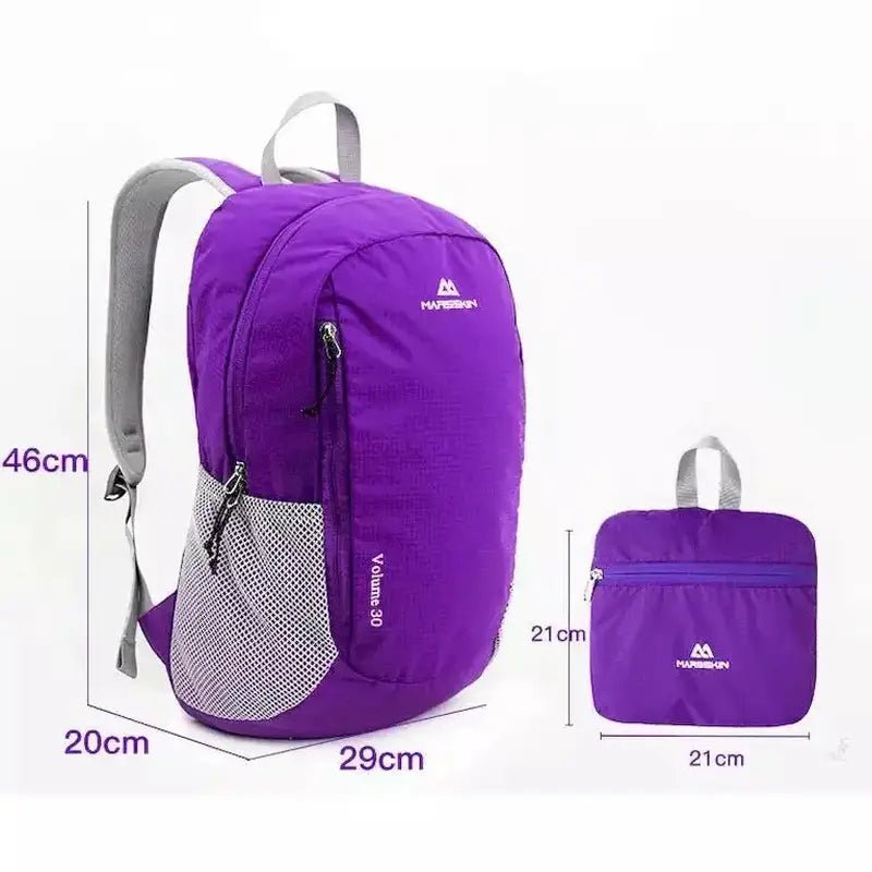 Sac à dos de randonnée ultra-léger violet pliable avec poches latérales en mesh